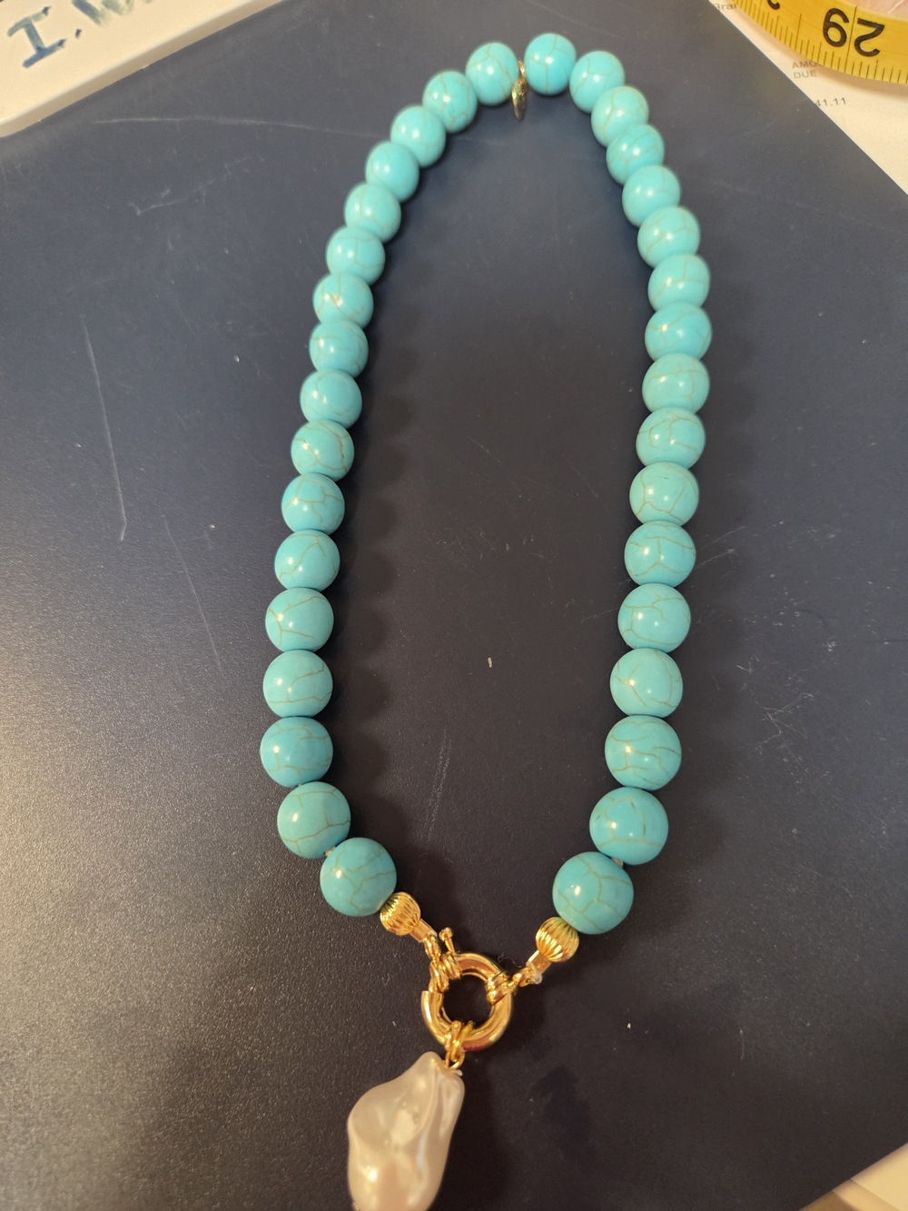 Turquoise Bead Necklace with Gold Accents and Baroque Pearl Pendant